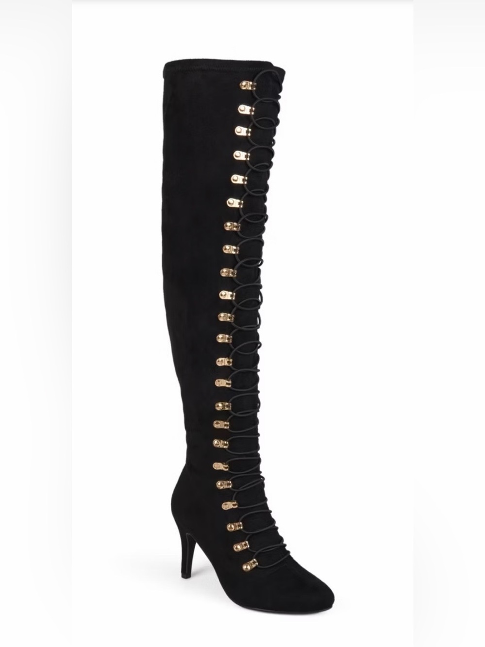 Journee Collection Black Over-the-Knee Lace-Up Heeled Boot with Gold Hardware